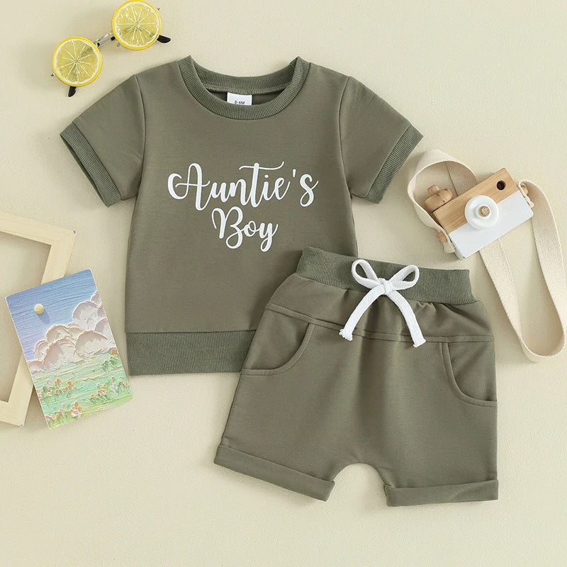 Baby Toddler Boy 2Pcs Auntie's Boy Shorts Set Letter Print Short Sleeve Round Neck Top with Solid Color Shorts Outfit