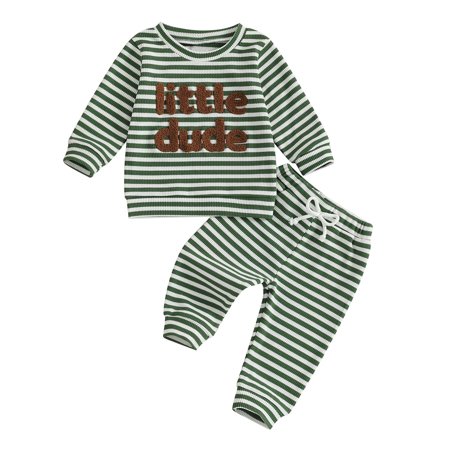 Baby Toddler Boys 2Pcs Mama's Boy / Little Dude Waffle Outfit Letter Embroidery Striped Long Sleeve Top and Elastic Pants Set