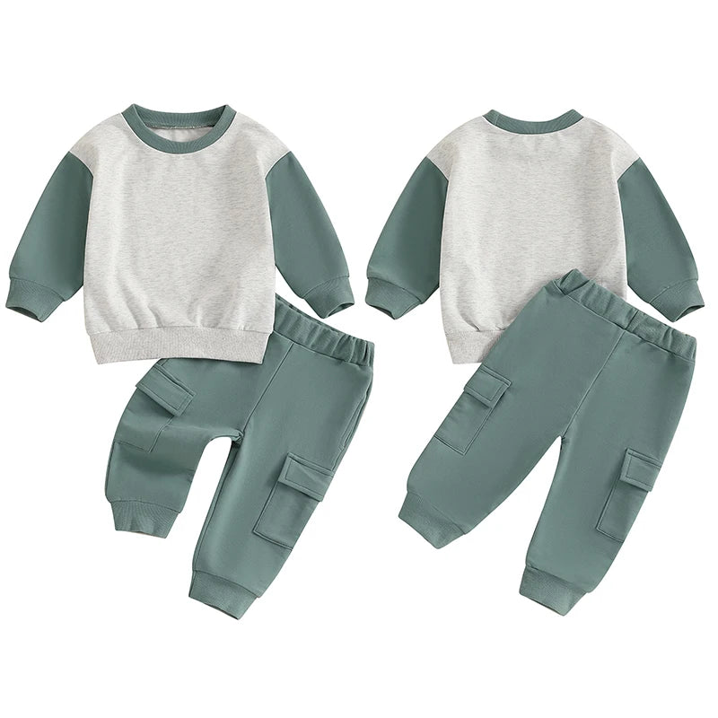 Baby Toddler Boy 2Pcs Outfit Long Sleeve Contrast Color Top + Cargo Pants Fall Winter Jogger Set