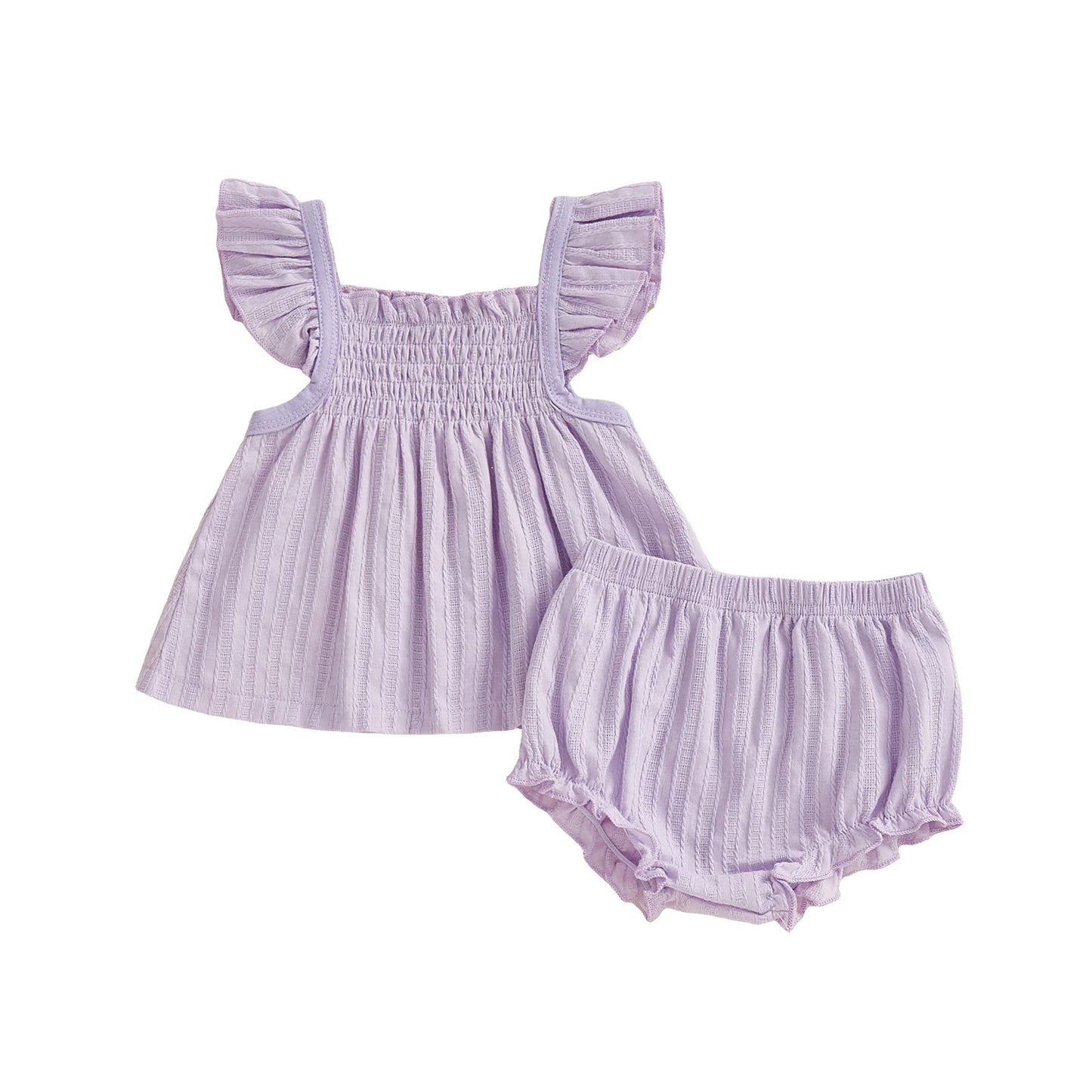 Baby Girls 2Pcs Spring Summer Outfit Flying Sleeve A-line Tops Ruffle Trim Shorts Set