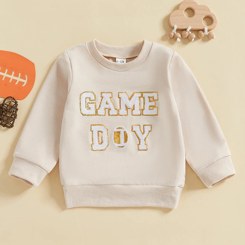 Baby Toddler Boys Girls Fall GAME DAY Football Sequin Letter Embroidery Long Sleeve Crew Neck Pullover Top