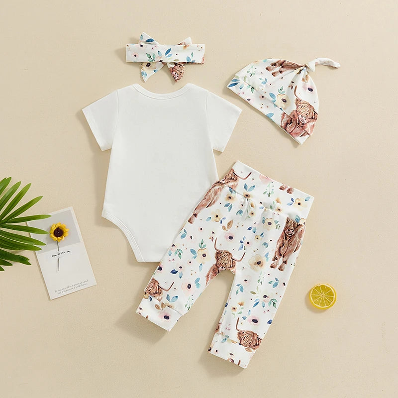 Baby Girls 4Pcs Outfit Hello I'm New Here Letter Print Short Sleeve Romper and Floral Cow Pants Headband Beanie Hat Set