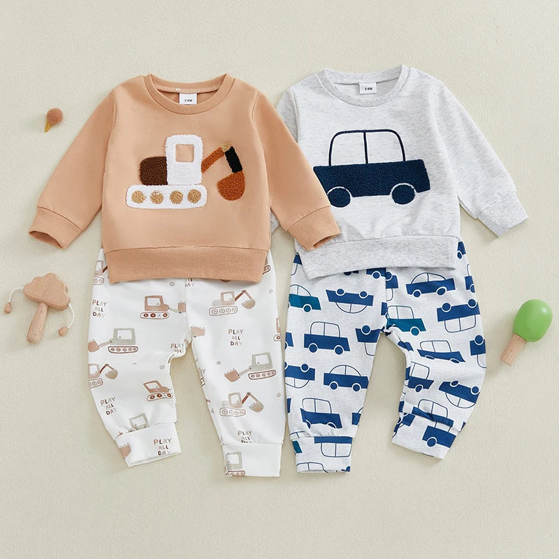 Baby Toddler Boys 2Pcs Outfit Car Tractor Embroidery Long Sleeve Pullover Crewneck Top Elastic Waist Pants Jogger Set