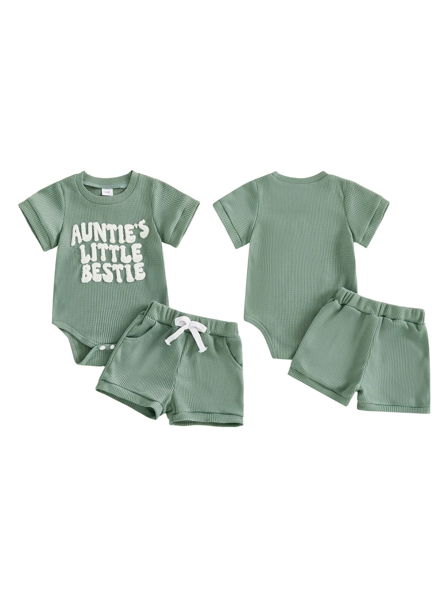 Baby Boy Girl 2Pcs Summer Clothes Mama's Boy / Auntie's Little Bestie Letter Embroidery Short Sleeve Romper Shorts 2 Pcs Outfit Set