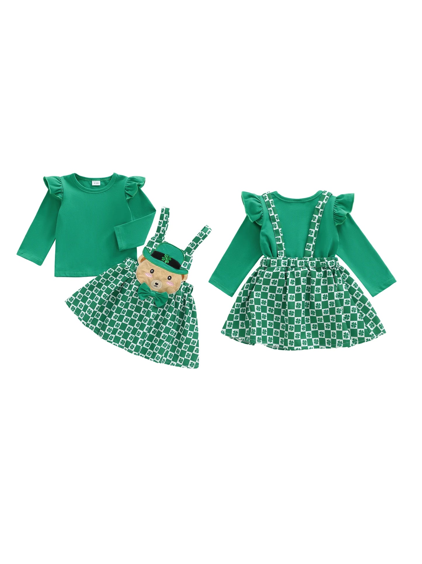 Baby Toddler Girls 2Pcs St. Patrick's Day Outfits Solid Color Long Sleeve Top Shamrock Embroidery Plaid Suspender Overalls Skirt Dress Two Piece Set