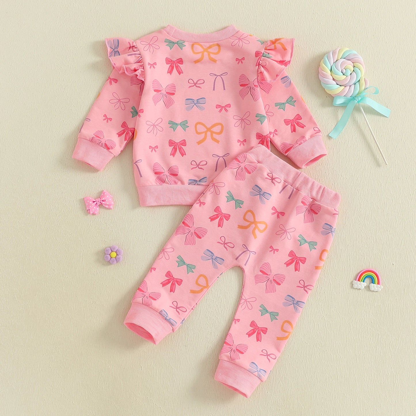 Baby Toddler Girls 2Pcs Fall Outfits Bow Print Ruffled Long Sleeve Top and Elastic Pants Jogger Set
