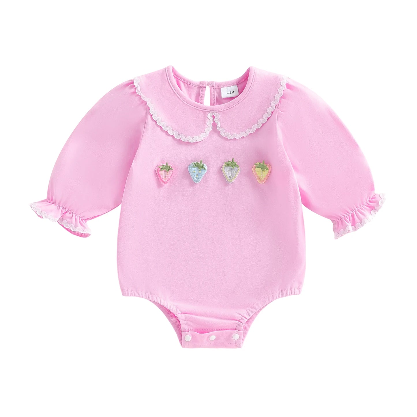 Baby Girls Spring Romper Fashionable Strawberry Flower Embroidery Long Sleeve Ruffled Doll Collar Jumpsuit