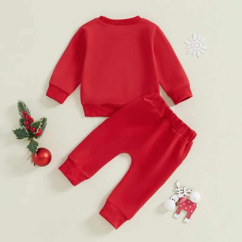 Baby Toddler Girl Boy 2Pcs My First Christmas Outfit Santa Claus Letter Embroidery Long Sleeve Crewneck Top with Solid Pant Jogger Set