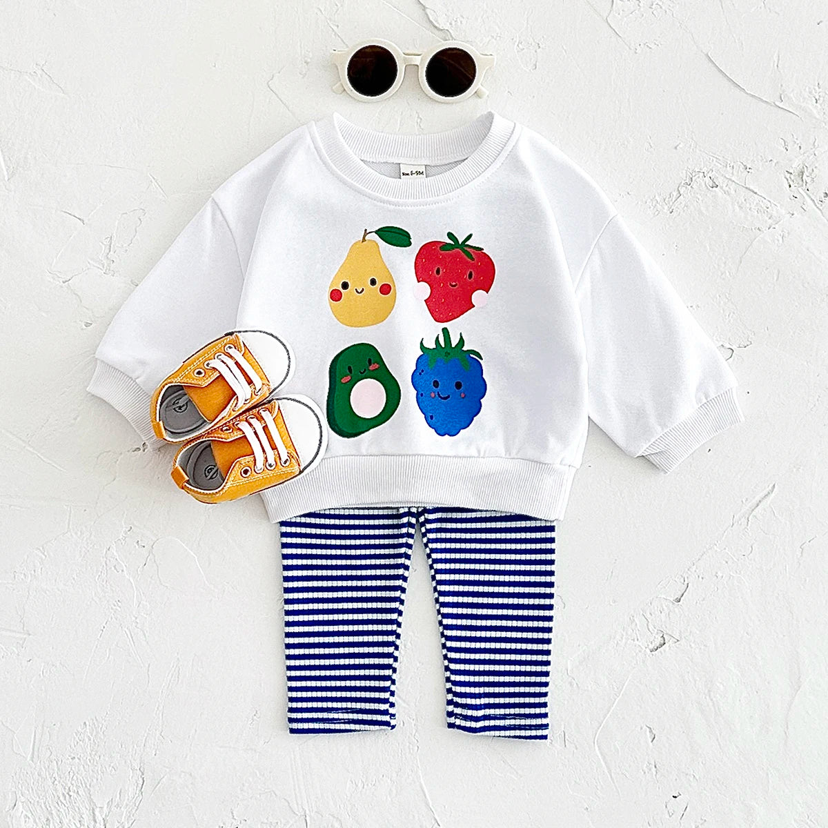 Baby Toddler Boys Girs 2Pcs Fruit Print Pullover Long Sleeve Top + Striped Pants Outfit Set