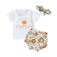 Load image into Gallery viewer, Baby Girls 3Pcs Halloween Outfits Short Sleeve Hey There Pumpkin Print Tops Pumpkin Shorts Headband
