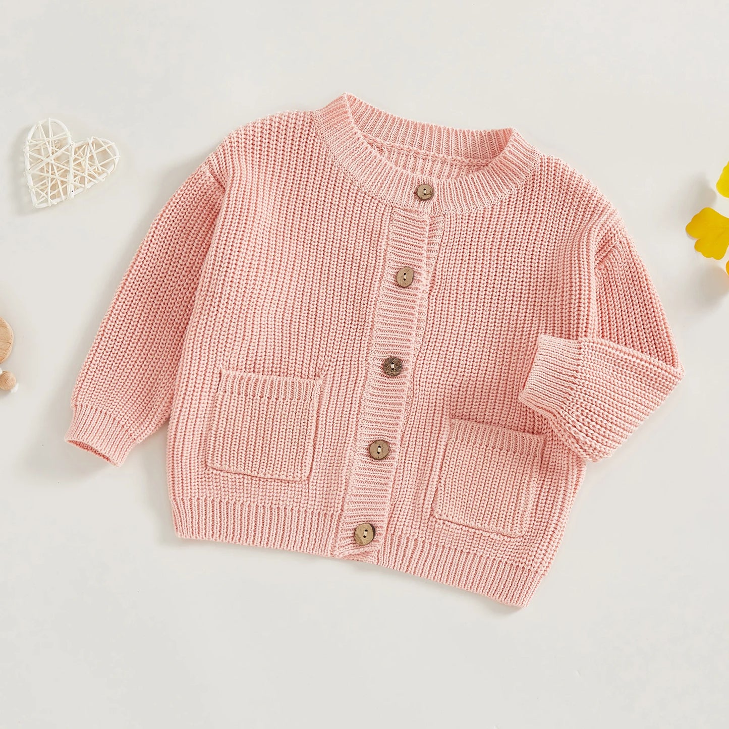 Baby Toddler Girls Boys Knit Cardigan Solid Long Sleeve Crew Neck Button-up Sweater with Pockets Casual Fall Clothes Top