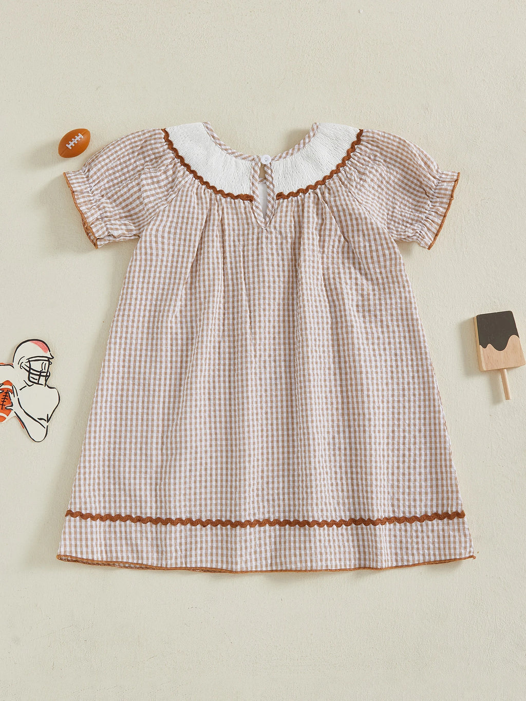 Toddler Kids Girl Dress Loose Fit Football Embroidered Plaid Crew Neck Short Sleeve Dress Summer Fall