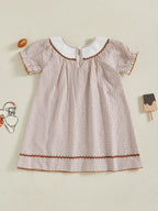 Toddler Kids Girl Dress Loose Fit Football Embroidered Plaid Crew Neck Short Sleeve Dress Summer Fall
