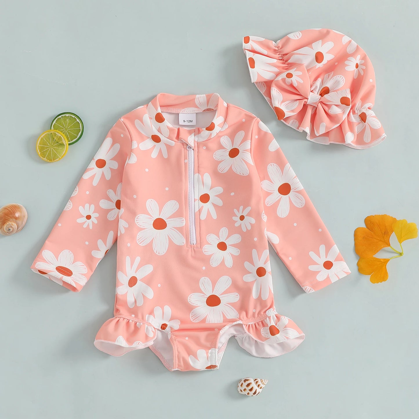 Baby Toddler Girls 2Pcs Swimsuit Long Sleeve Floral/Bow Print Ruffles Bathing Suit Swimwear with Swim Cap Set