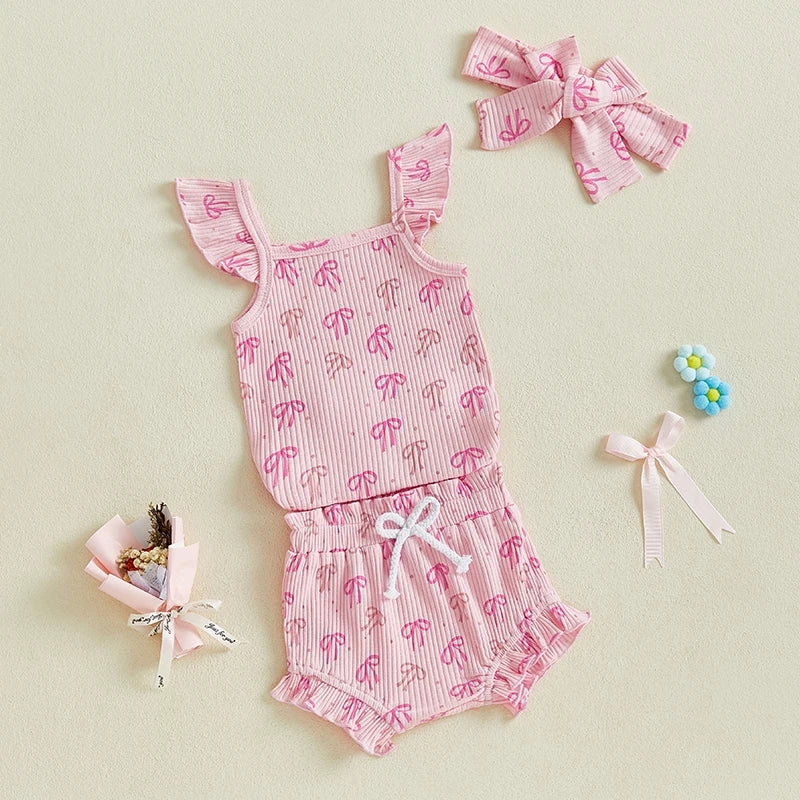 Baby Girls 3Pcs Summer Set Bow Print Fly Sleeve Romper Elastic Waist Ruffle Shorts Headband Outfit Clothes Spring