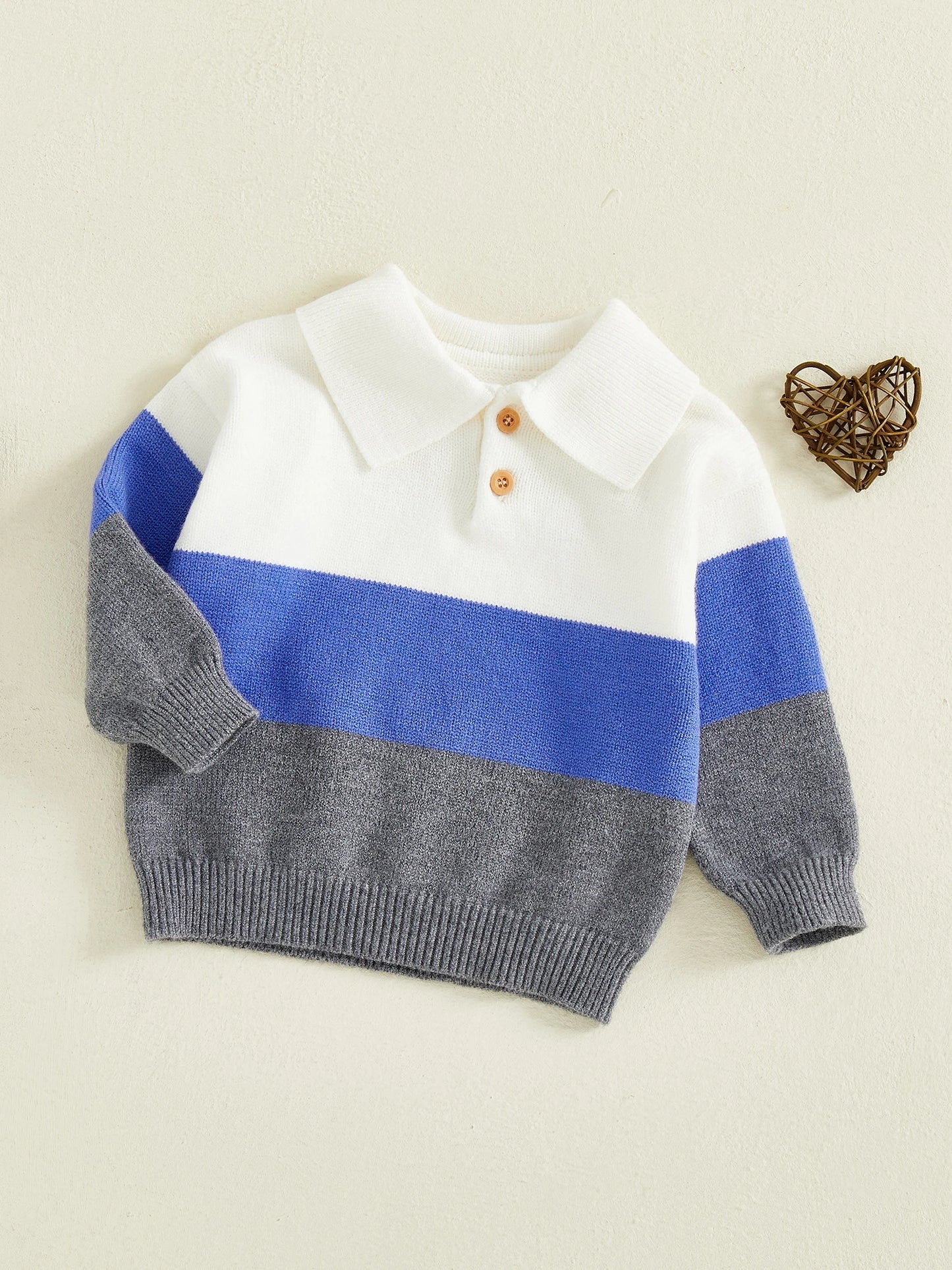 Baby Toddler Boy Sweater Lapel Collar Long Sleeve Patchwork Upper Button Down Pullover Warm Knit Tops