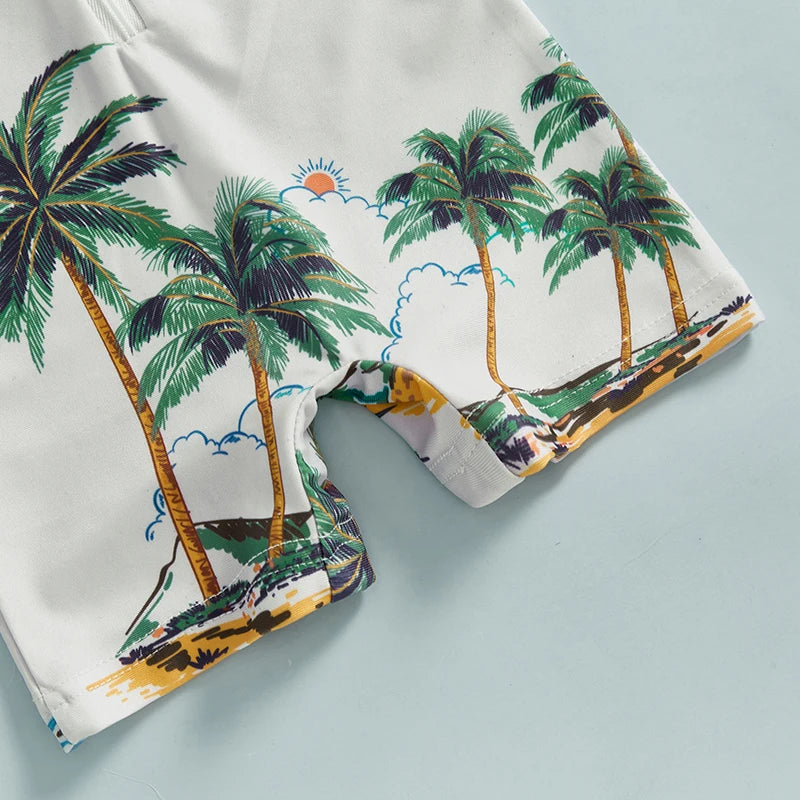 Baby Toddler Boys Rash Guard Swimwear Palm Tree Print Short Sleeve Mock Neck Zip Bathing Suit