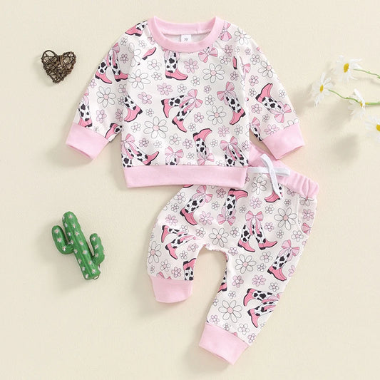 Baby Toddler Girls 2Pcs Outfit Flower Cowboy Boots Print Long Sleeve Crew Neck Top with Elastic Waist Pants Set