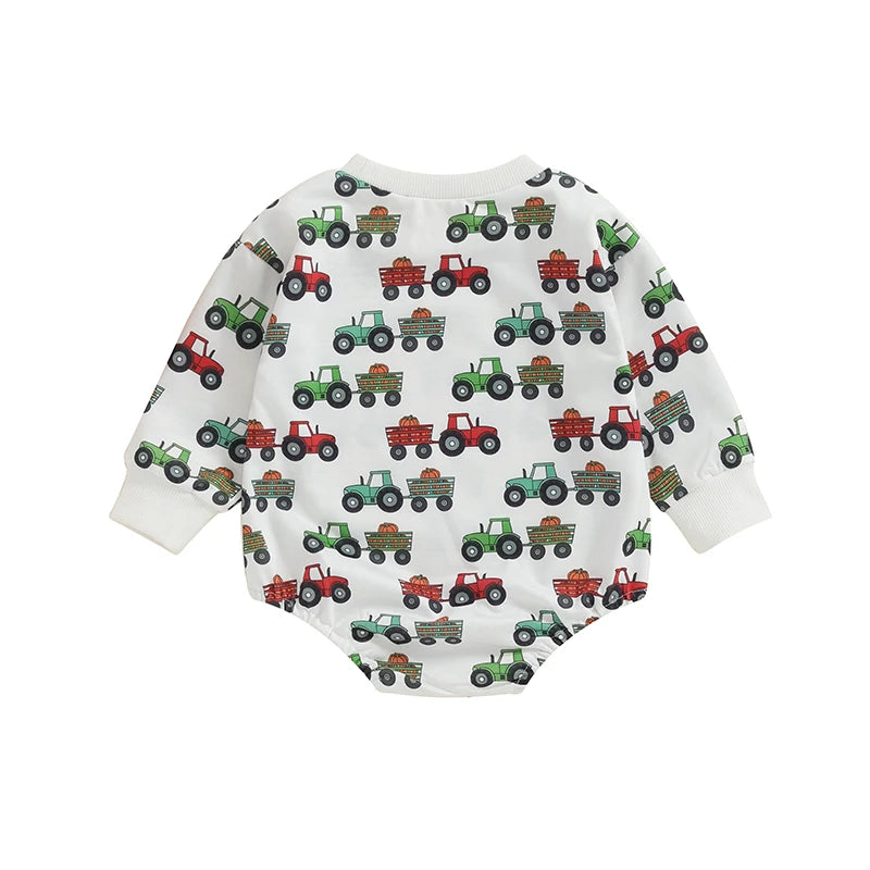 Baby Boys Romper Cartoon Tractor Wagon Pumpkin Print Round Neck Long Sleeve Jumpsuit Fall Bodysuit