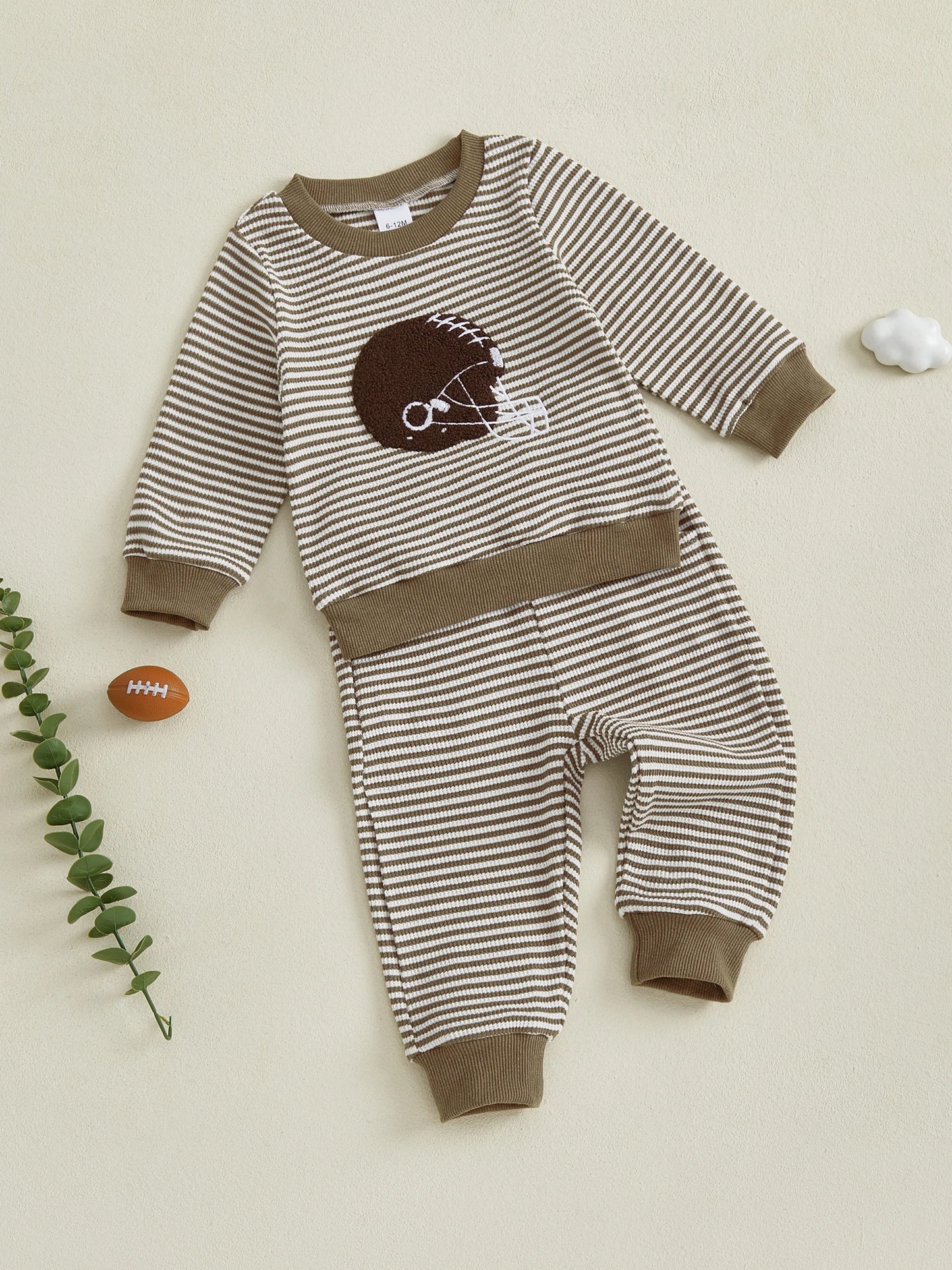 Baby Toddler Boys 2Pcs Football Helmet Outfit Striped Long Sleeve Top Elastic Waist Pants Waffle Jogger Set