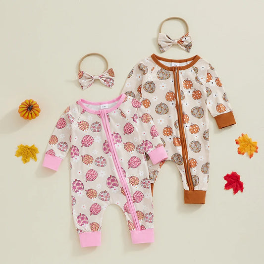 Baby Girls 2Pcs Halloween Bodysuit Pumpkin Daisy Print Zipper Long Sleeve Fall Romper Headband Outfit Set