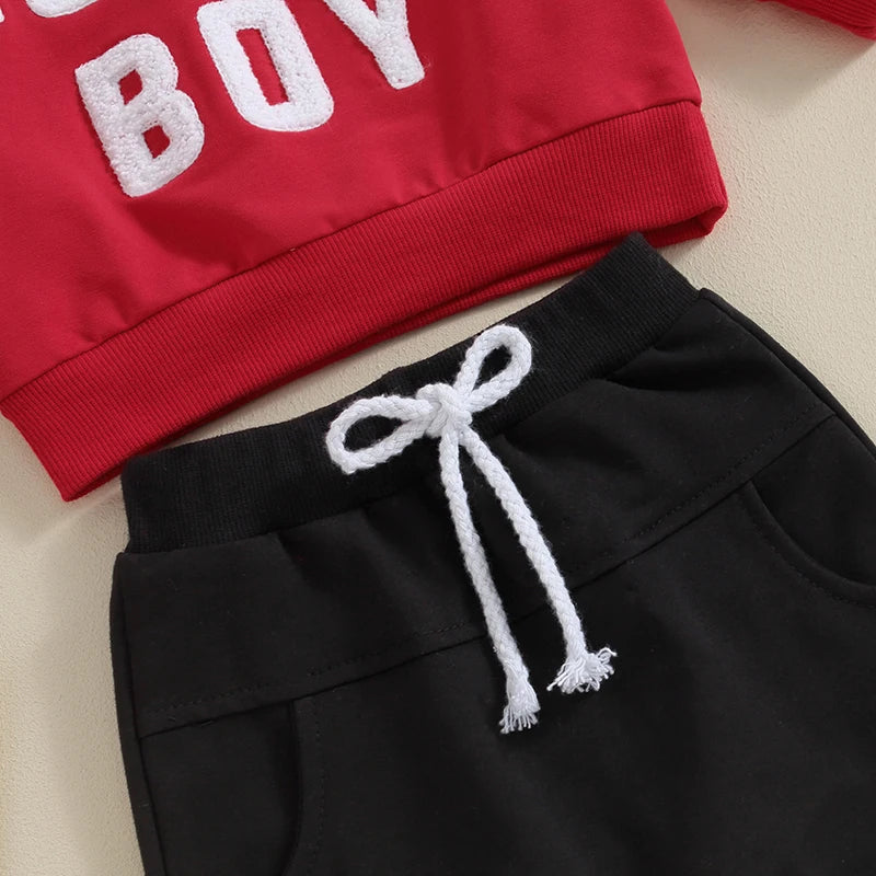 Baby Toddler Boys 2Pcs Valentine’s Day Outfit Long Sleeve Letters Lover Boy Crew Neck Top + Jogger Pants Set