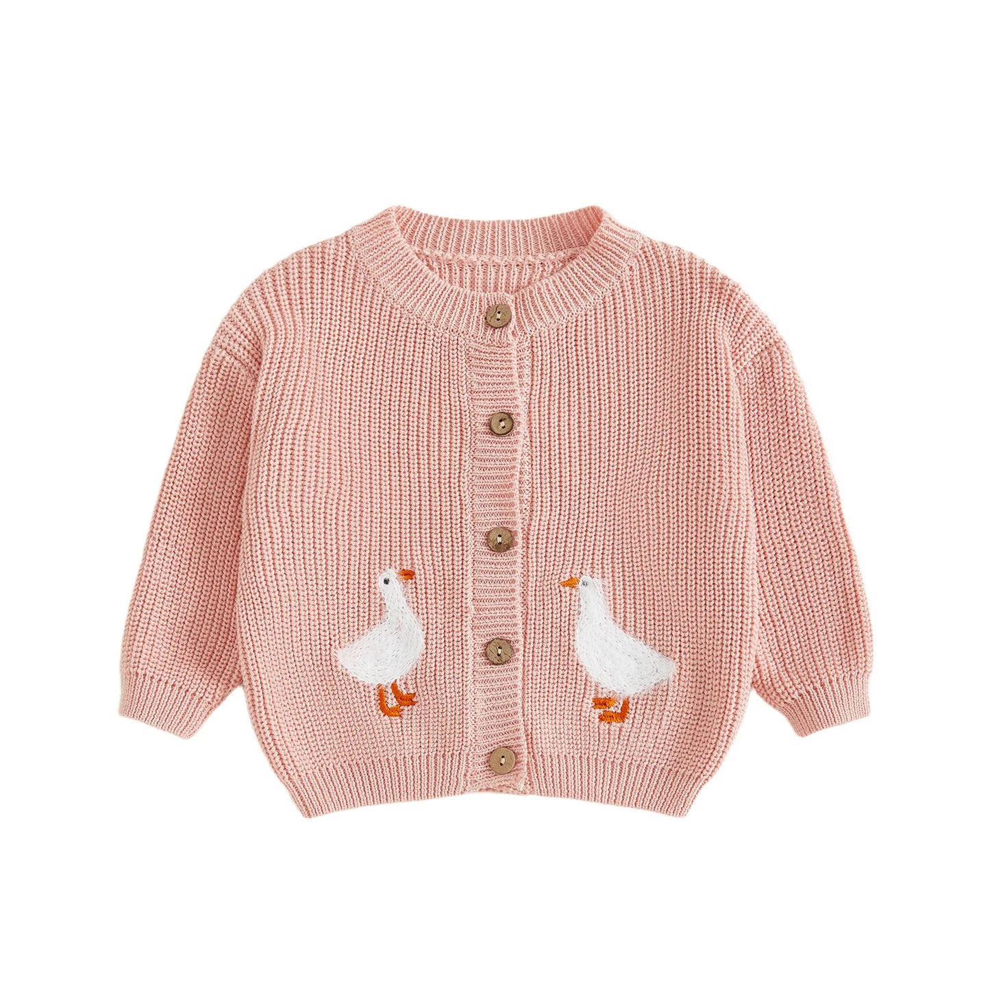 Toddler Kids Girl Knit Sweater Long Sleeve Round Neck Goose Embroidery Button Down Cardigan Tops