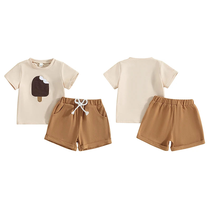 Toddler Baby Boy 2Pcs Summer Outfit Popsicle Embroidery Round Neck Short Sleeve Top Elastic Waist Shorts Set