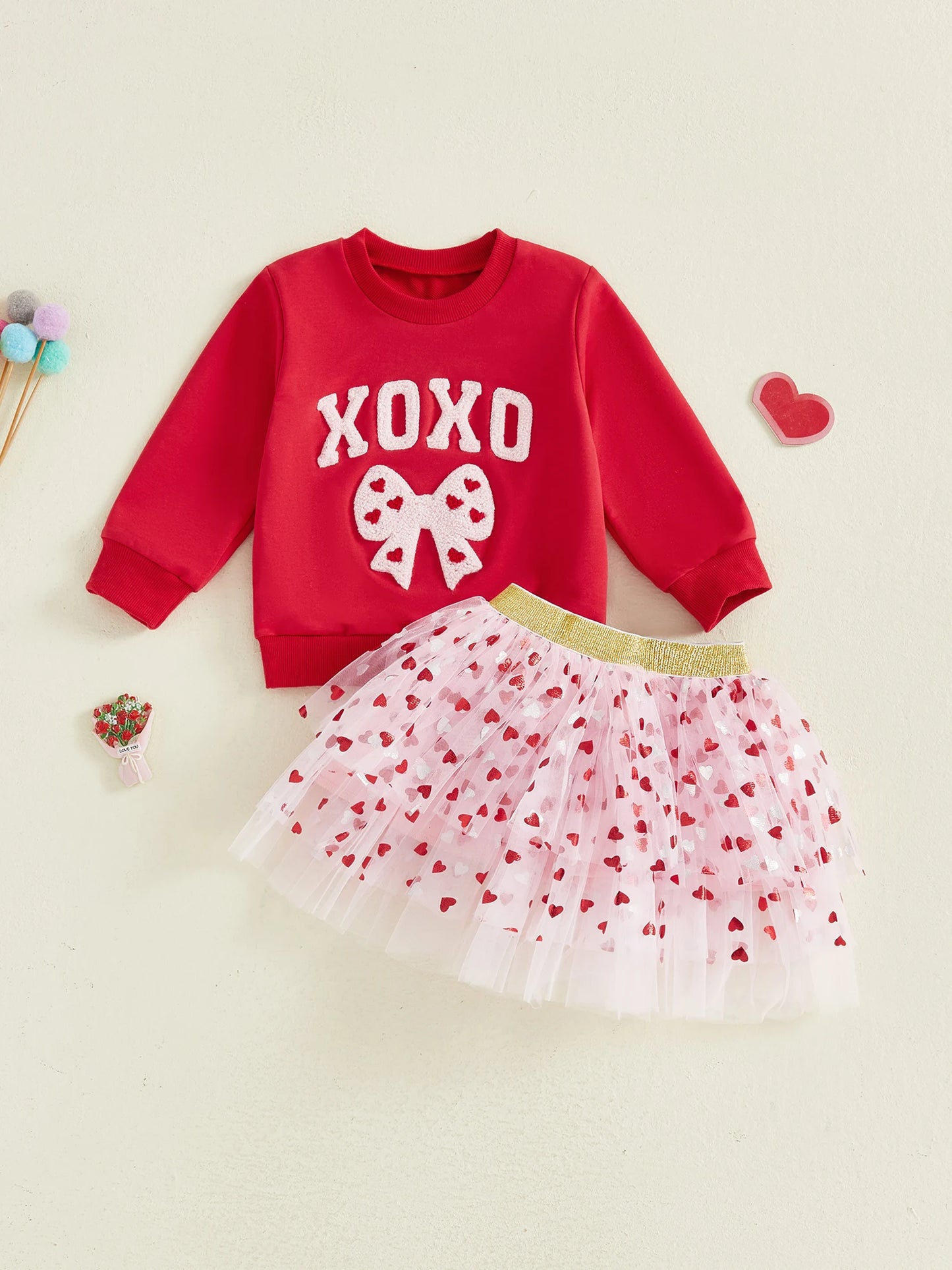 Baby Toddler Girls 2 Pcs XOXO Outfits Bow Letter Embroidery Long Sleeve Crew Neck Top and Heart Patterned Elastic Waist Tulle Tutu Skirt Set