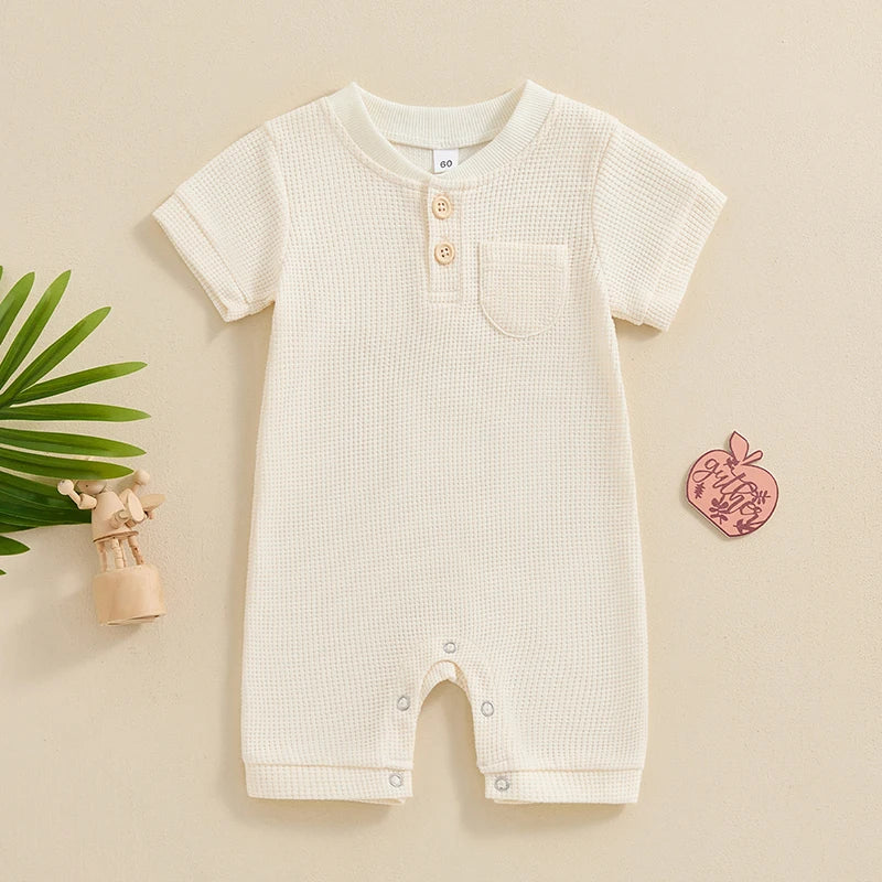 Baby Boy Girl Jumpsuit Summer Short Sleeve Solid Color Waffle Button Romper Playsuit