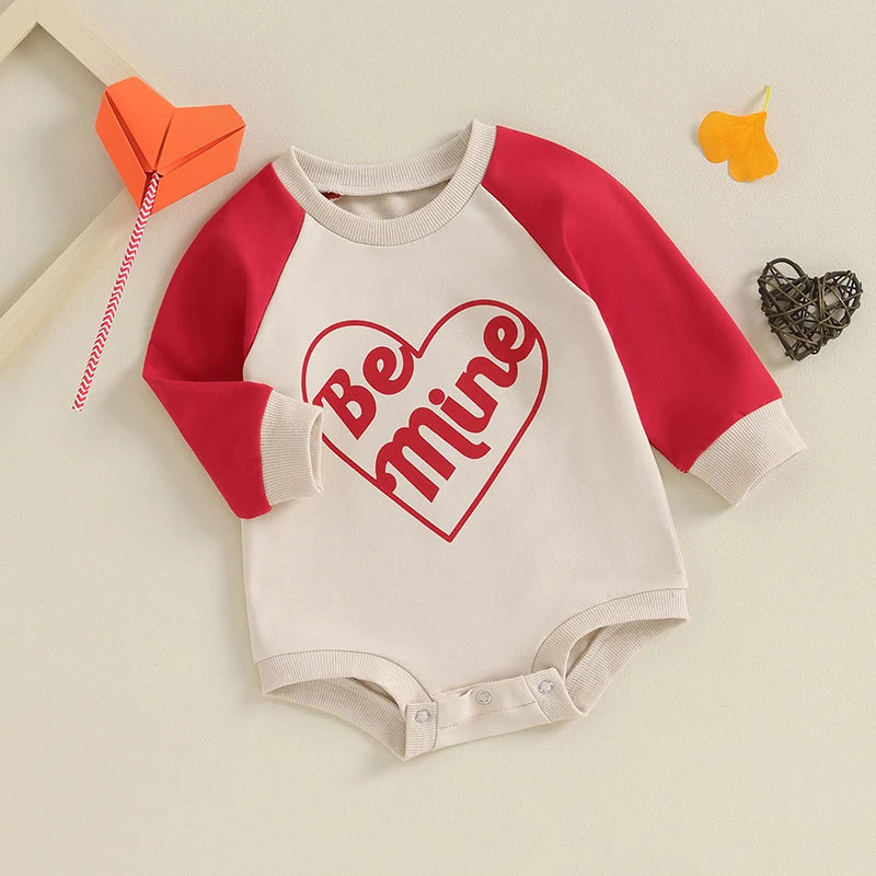 Baby Girls Boys Valentine's Day Jumpsuit Letter Be Mine Heart Print Round Neck Long Sleeve Romper