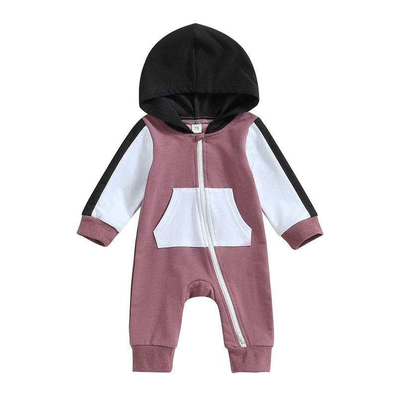 Baby Boy Girl Full Length Jumpsuit Contrast Color Hood Long Sleeve Romper with Zipper