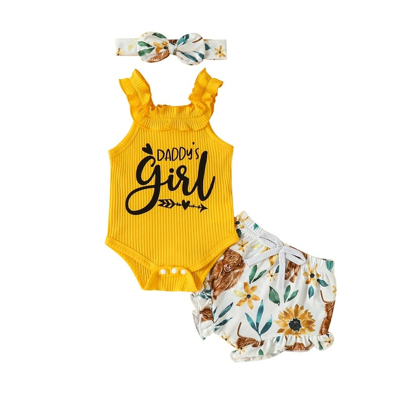 Infant Baby Girl 3Pcs Outfits Tank Top Daddys Little Girl Romper Cow Floral Print Shorts and Headband