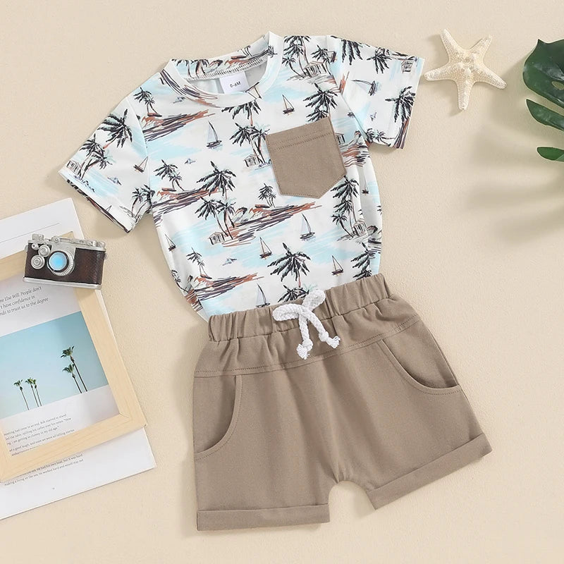 Baby Toddler Boys 2Pcs Summer Outfit Beach Style Palm Tree Coconut Van Surf Print Short Sleeve Top Elastic Waist Shorts Set