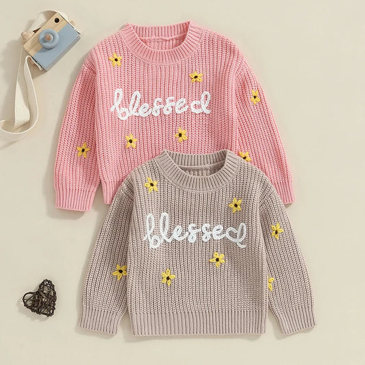 Baby Toddler Girls Blessed Crewneck Knitwear Sweater Flowers Embroidery Long Sleeve Top