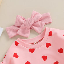 Load image into Gallery viewer, Baby Girl 2Pcs Valentine&#39;s Day Outfits Ruffle Long Sleeve Heart Print Romper + Headband Bow Set
