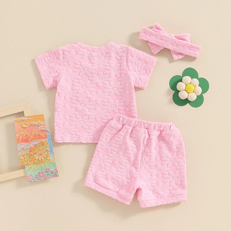 Baby Toddler Girls 3Pcs Flower Pattern Fabric Short Sleeve Top with Elastic Waist Shorts with Hairband Outfit Set