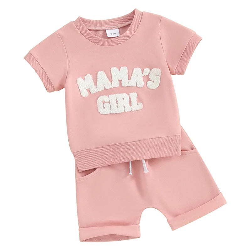 Baby Toddler 2Pcs Girl Fuzzy Letter Mama's Girl Embroidery O-Neck Short Sleeve Top with Shorts Set Outfit