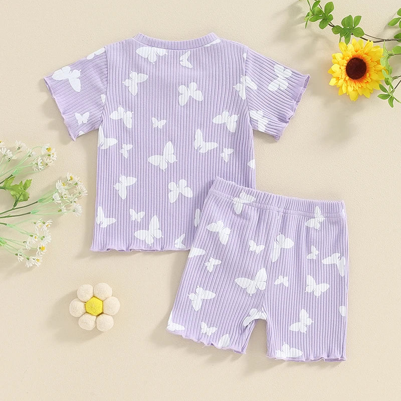 Toddler Baby Girl 2Pcs Spring Summer Flower Butterfly Print Clothes Ruffle Ribbed Short Sleeve Tops + Matching Shorts Outfit Set