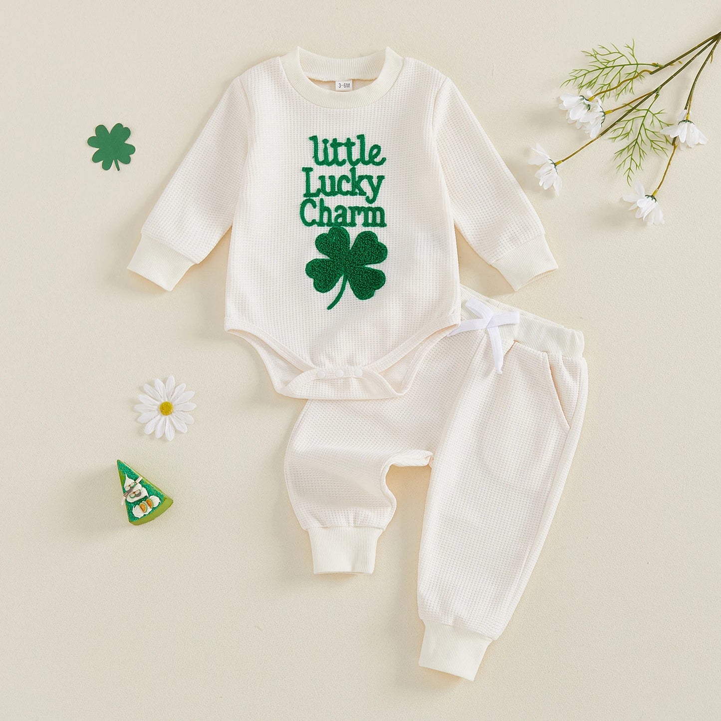 Baby Boys Girls 2Pcs Little Lucky Charm Outfit Long Sleeve O Neck Letter Shamrock Embroidery Jumpsuit Romper and Elastic Waist Pants Set