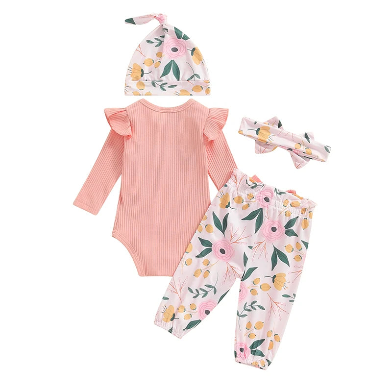 Baby Girls 3Pcs Daddy's Girl Fall Outfit Long Sleeve Ribbed Romper Frill Sleeve + Bow Flower Print Pants + Headband + Hat Set