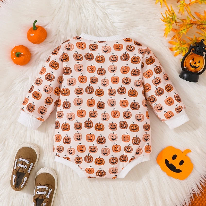 Baby Boys Girls Romper Long Sleeve Crew Neck Pumpkin Print Fall Bodysuit Halloween Jumpsuit