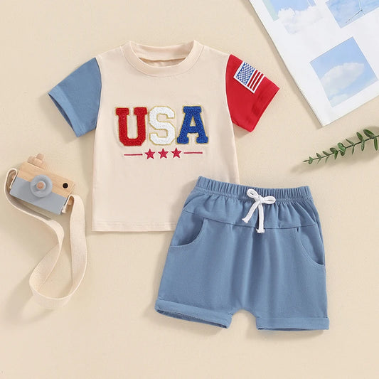 Baby Toddler Boys 2Pcs 4th of July Short Sleeve Letter USA Embroidery Flag Top Solid Color Drawstring Shorts Set