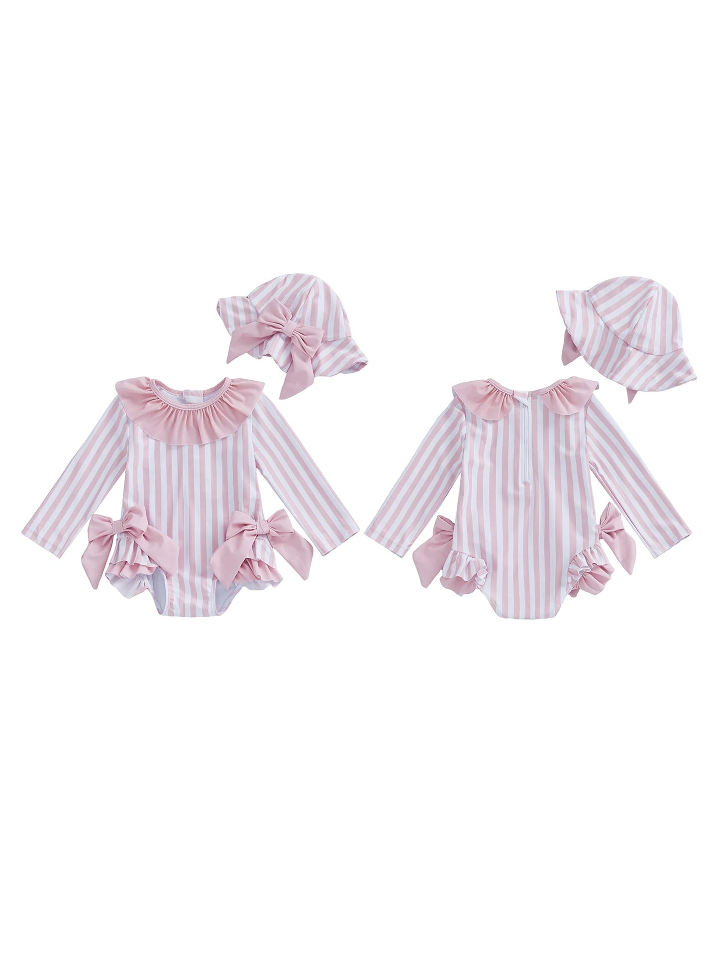 Baby Toddler Girls 3Pcs Swimsuit Ruffles Collar Long Sleeve Striped Print Bow Swimwear with Hat Set