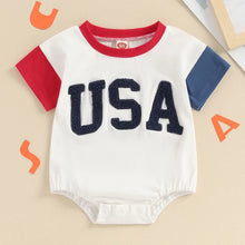 Load image into Gallery viewer, Baby Girls Boys Independence Day USA Romper Short Sleeve O-neck Letter Embroidery Contrast Color Jumpsuit
