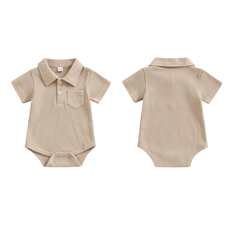 Baby Boys Romper Short Sleeve Lapel Button Up Collar Pocket Solid Color Waffle Casual Bodysuit