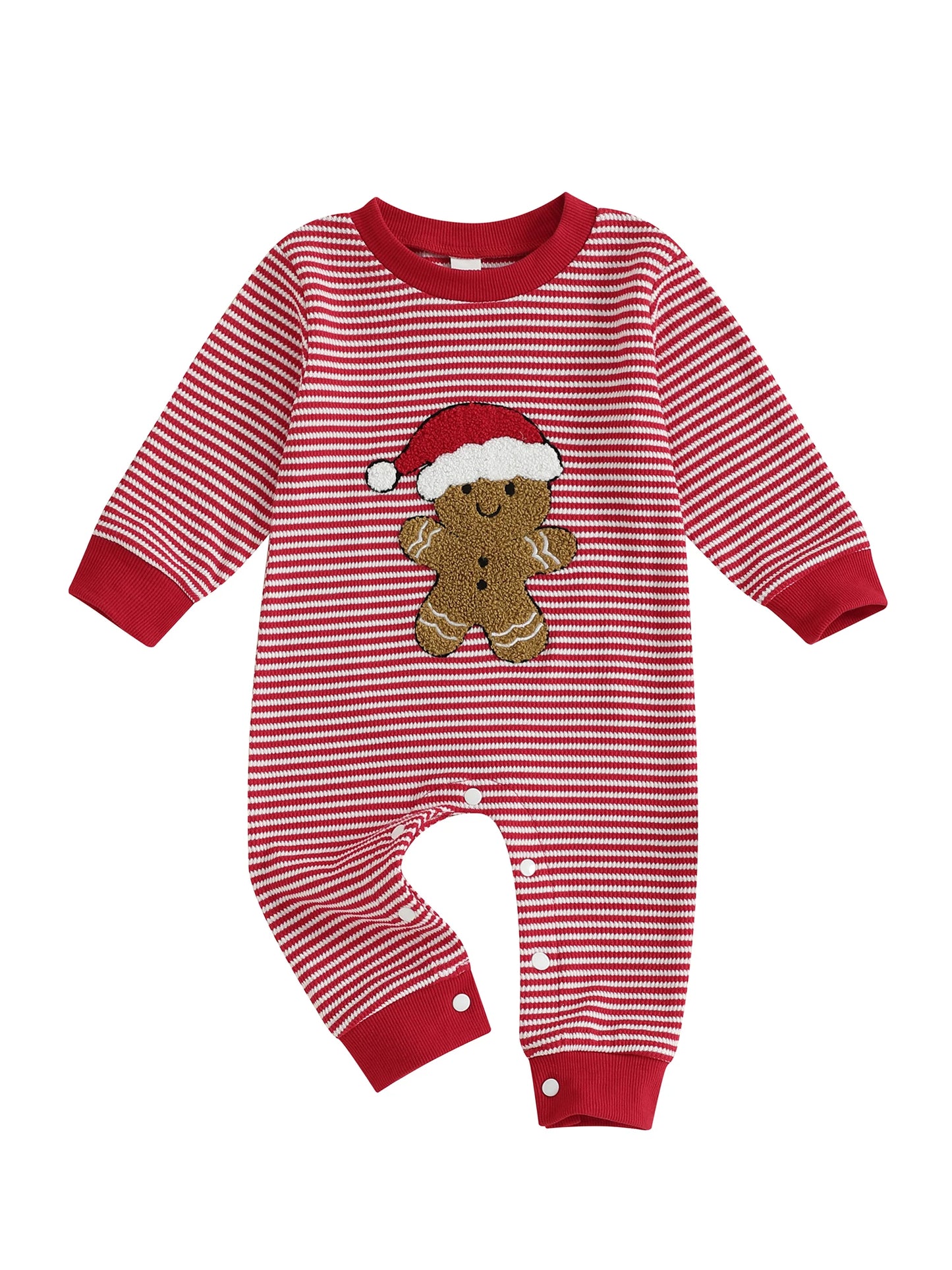 Baby Boys Christmas Romper Stripe Print Gingerbread Man Embroidery Long Sleeve Round Neck Jumpsuit