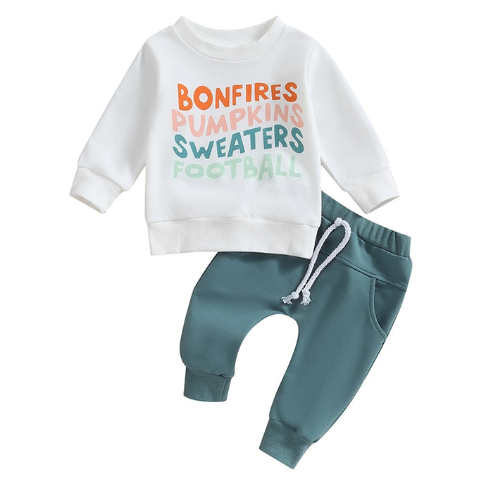 Baby Toddler Boys Girls 2Pcs Fall Long Sleeve Bonfires Pumpkins Sweaters Football Tops and Drawstring Pants Sets