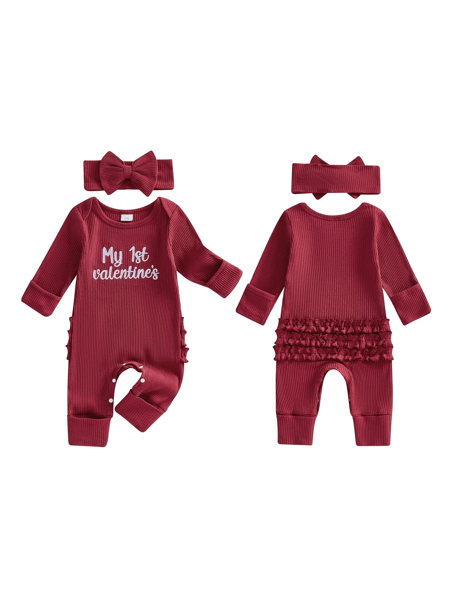 Baby Girls 2Pcs My 1st Valentine's Outfit Letter Embroidered Long Sleeve Romper and Bow Headband Set