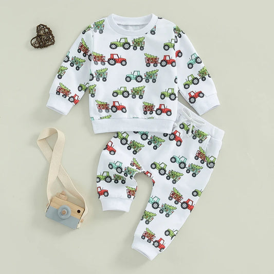 Baby Toddler Boys 2Pcs Christmas Outfit Tractor Christmas Tree Print Long Sleeve Crewneck Top and Long Pants Jogger Set